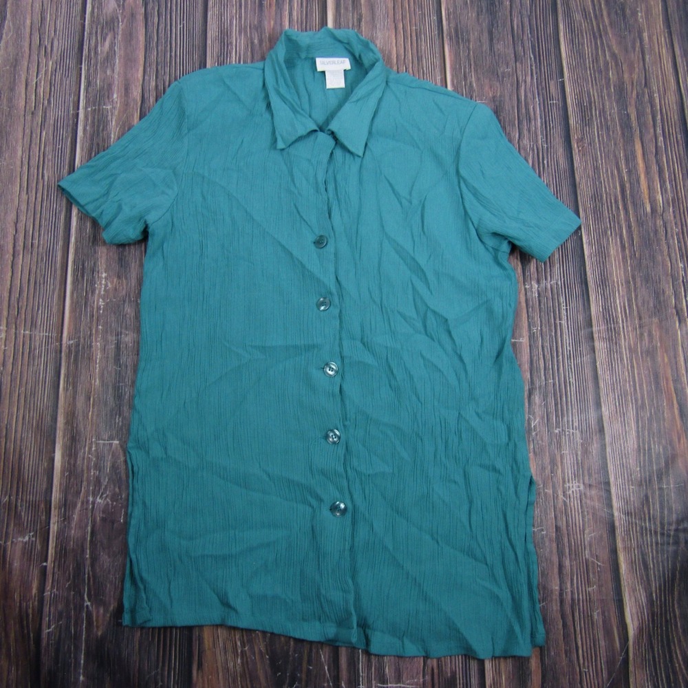 Silverleaf Button Down Top Women Large Teal Green Short Sleeve Crinkle Blouse